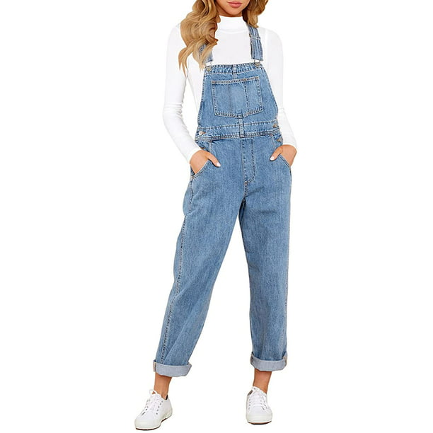 Womens Classic Ripped Distressed Slim Fit Wahsed Denim Bib Overalls Jeans 